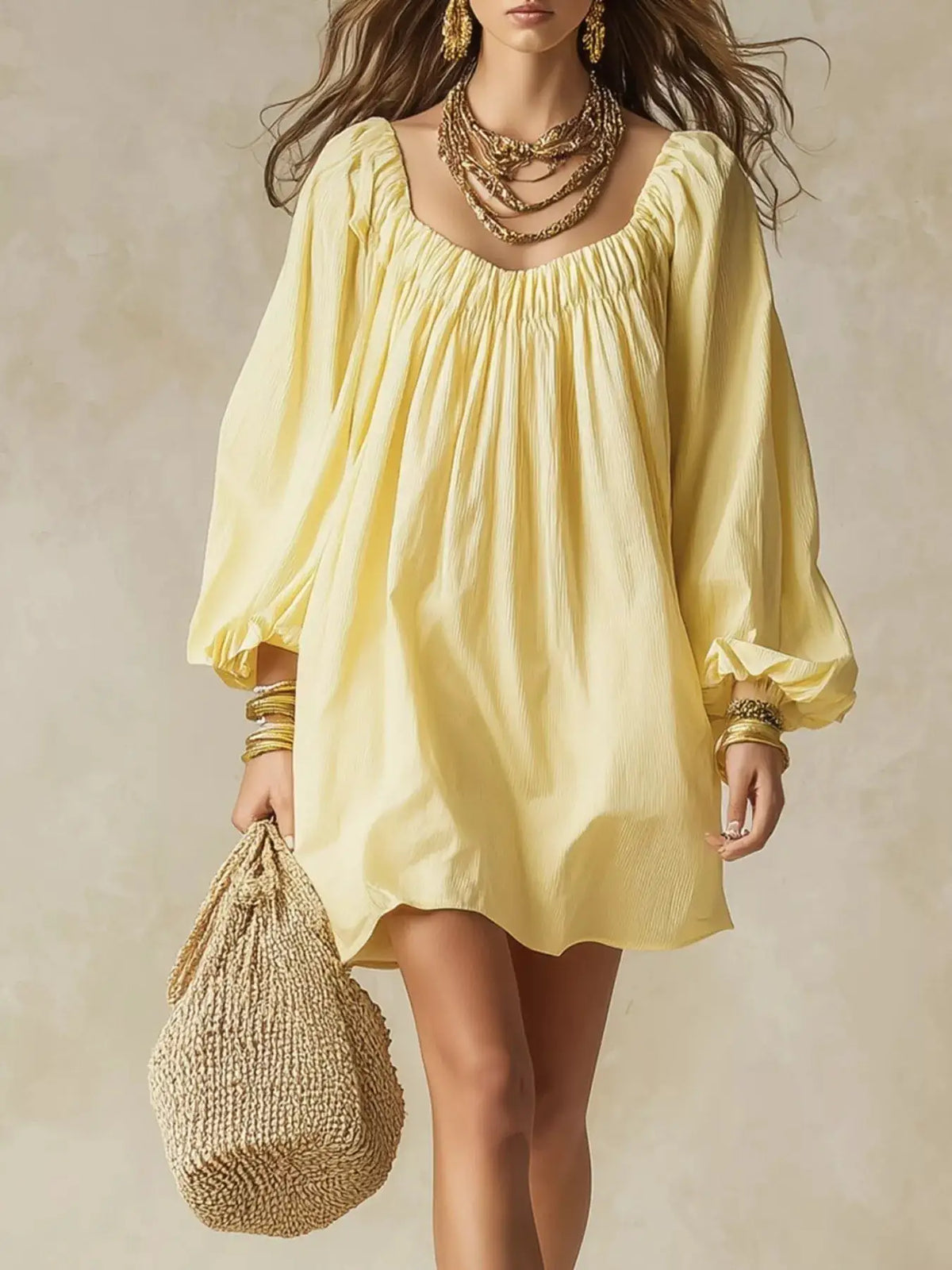 Flowy Balloon Sleeve Mini Dress in pale yellow by Trendsi
