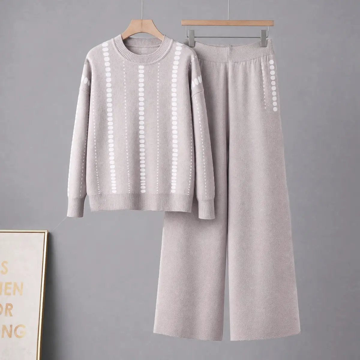 Womens beige knit sweater and matching wide-leg pants set with white dotted stripes, relaxed fit