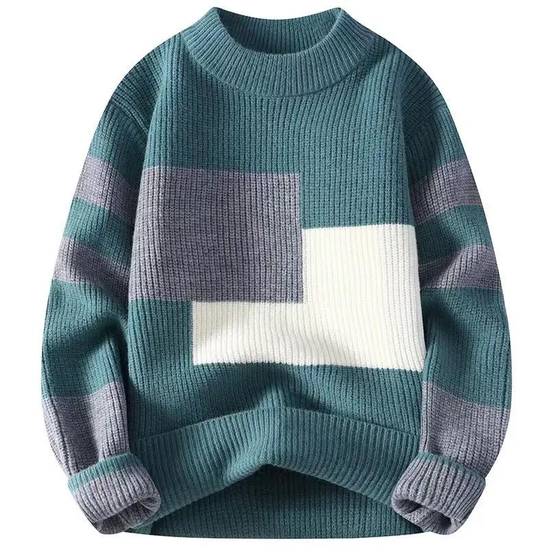 Classic men's relaxed-fit color-block knit sweater by eprolo, teal with gray and cream panels and striped sleeves