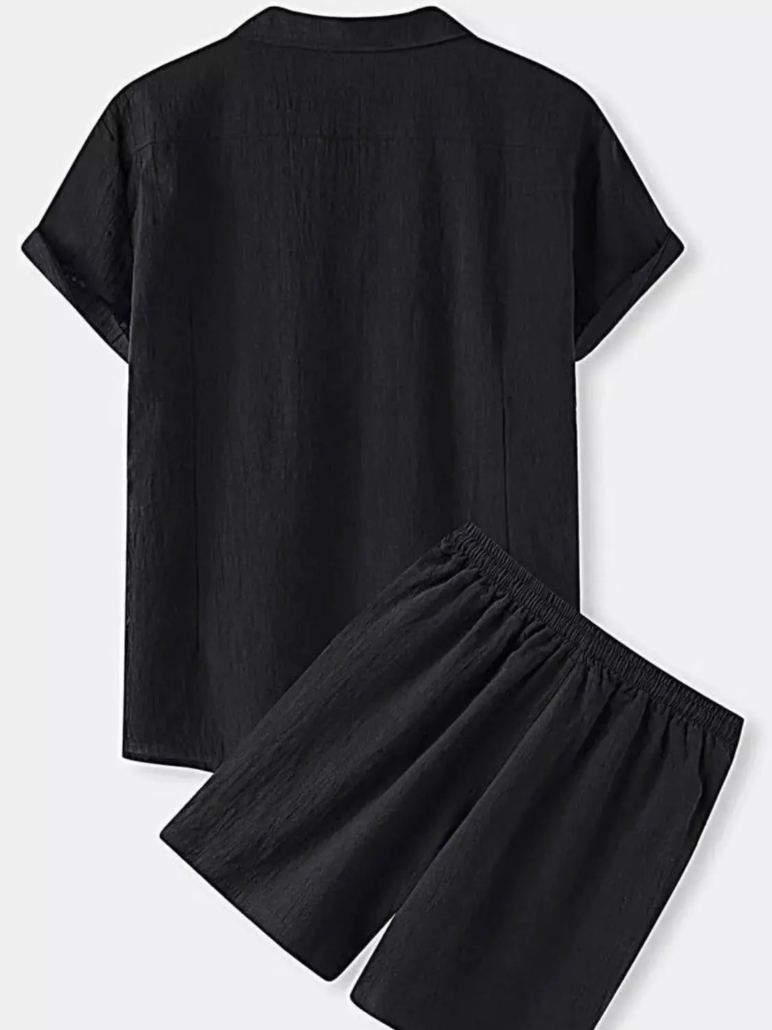 Men's 100% cotton two-piece black button-up short-sleeve shirt and shorts set, plus size