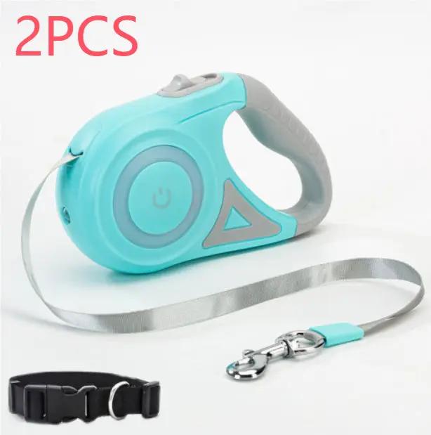 Retractable dog leash by AdTec, turquoise with grey handle and silver strap; 2-piece set with black collar