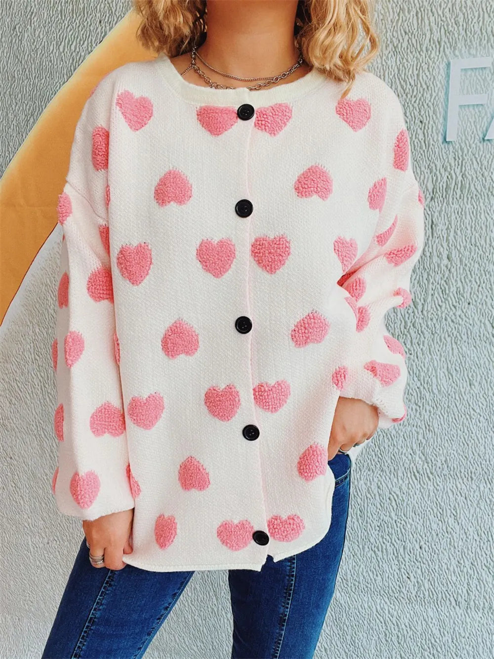 Cozy Heart Button Front Long Sleeve Stretch Knit Cardigan, white knit with pink hearts, button-front