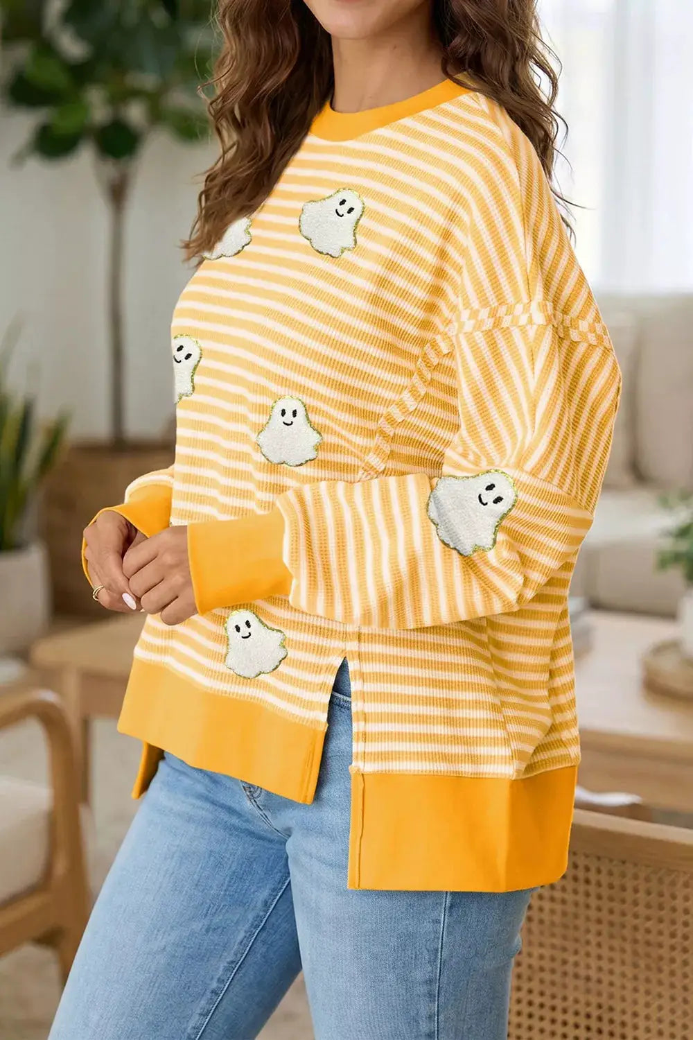 Stripe Halloween Ghost Patch Round Neck Long Sleeve Top by Trendsi; yellow striped knit with ghost patches