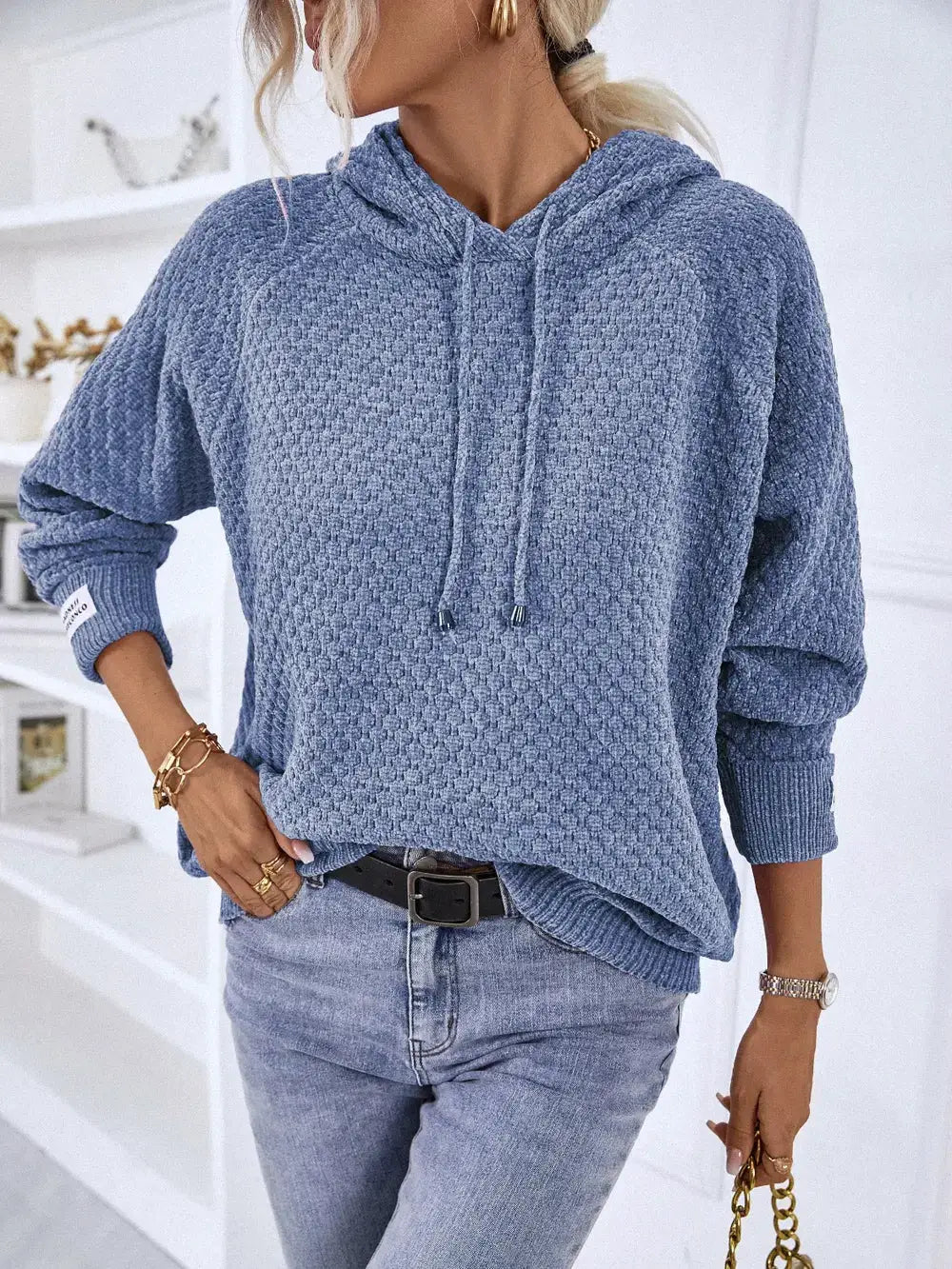 Textured blue drawstring hoodie long-sleeve sweater in premium polyester by Trendsi