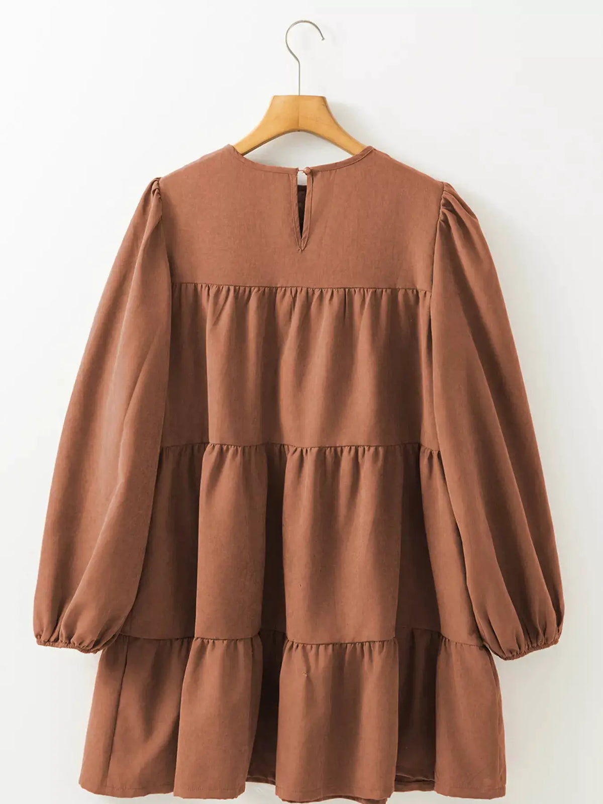 Floral Lace Crochet Tiered Ruffled Mini Dress in rust brown with long puff sleeves by Trendsi