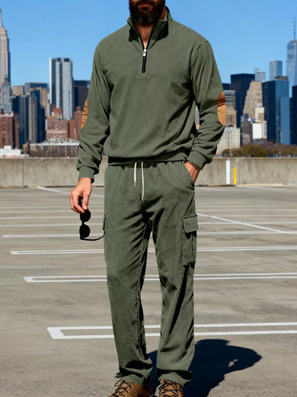 Mens olive green casual two-piece long-sleeve top and pants set, plus size