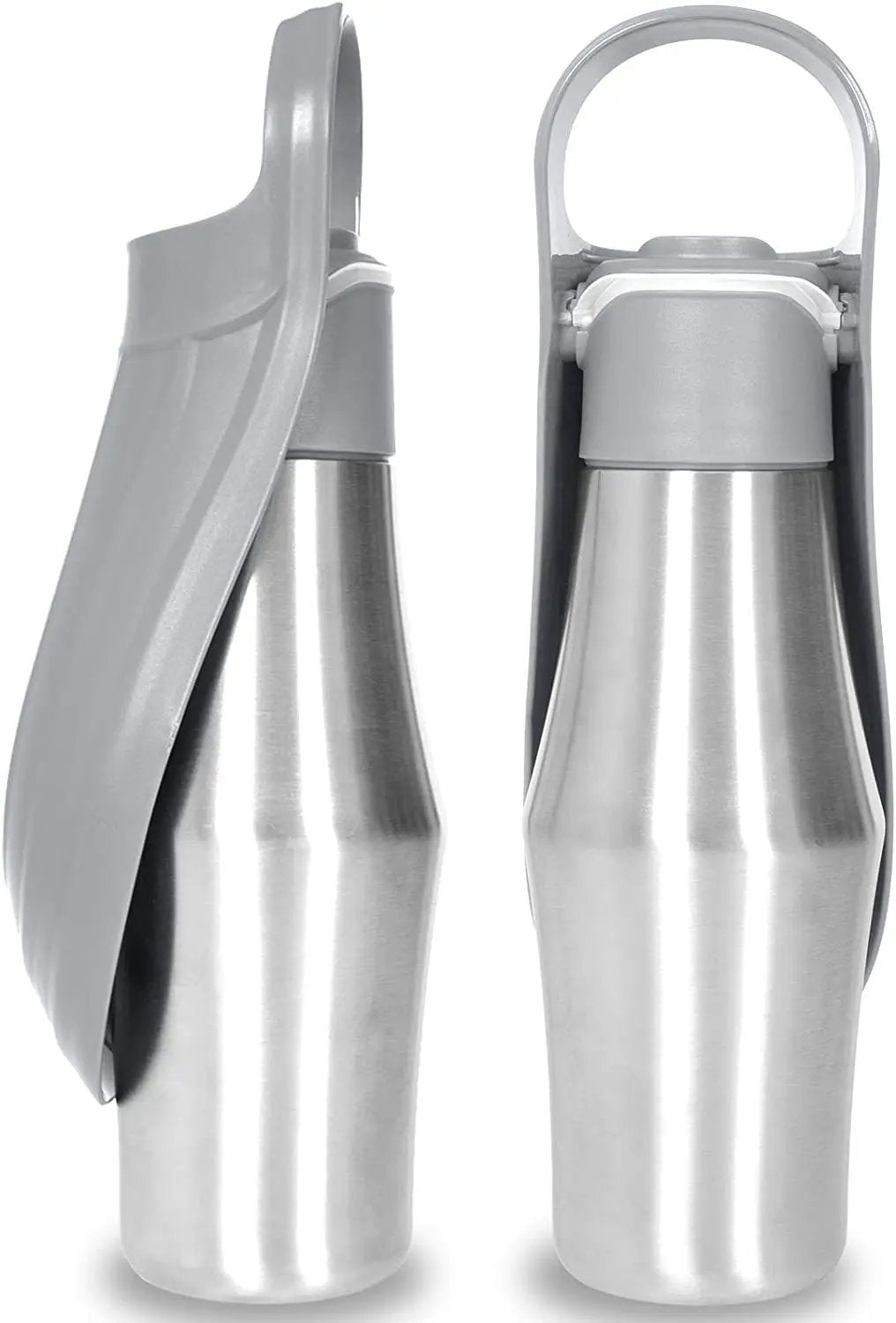 New portable dog water bottle with silicone leaf design; stainless steel body, gray cap, 2-pack