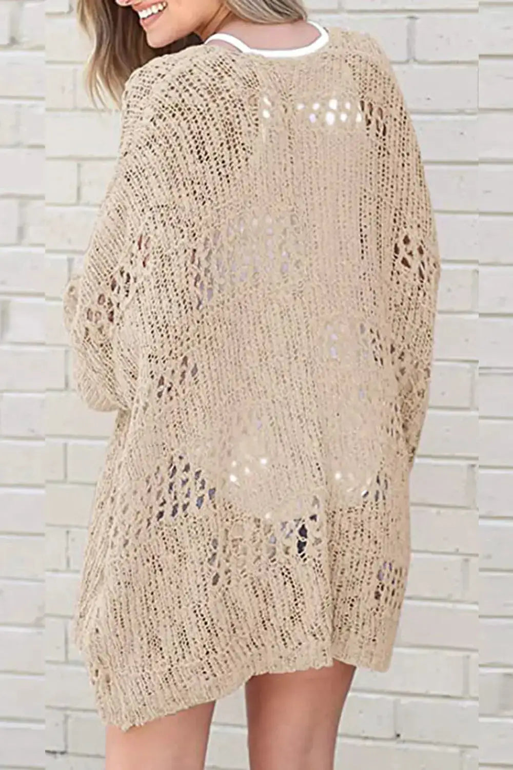 Openwork beige acrylic cardigan by Trendsi, open-front, long-sleeve, stretchy