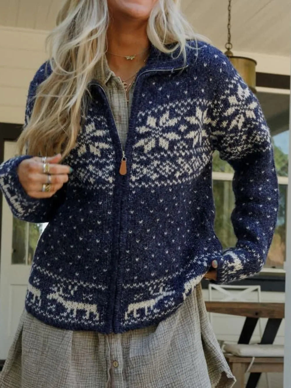 Cozy zip-up long-sleeve acrylic cardigan in navy with white Nordic pattern, Trendsi