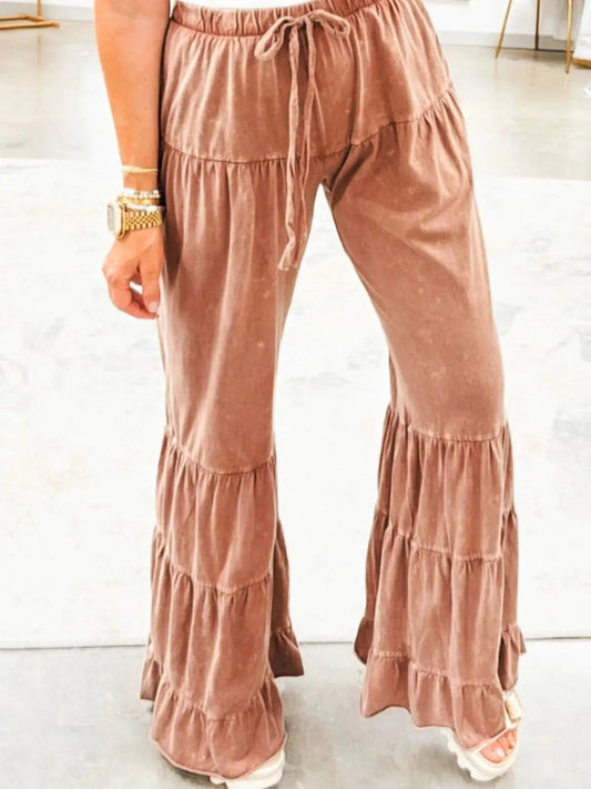 Drawstring flare ruffle palazzo pants in dusty rose with tiered hems by Trendsi