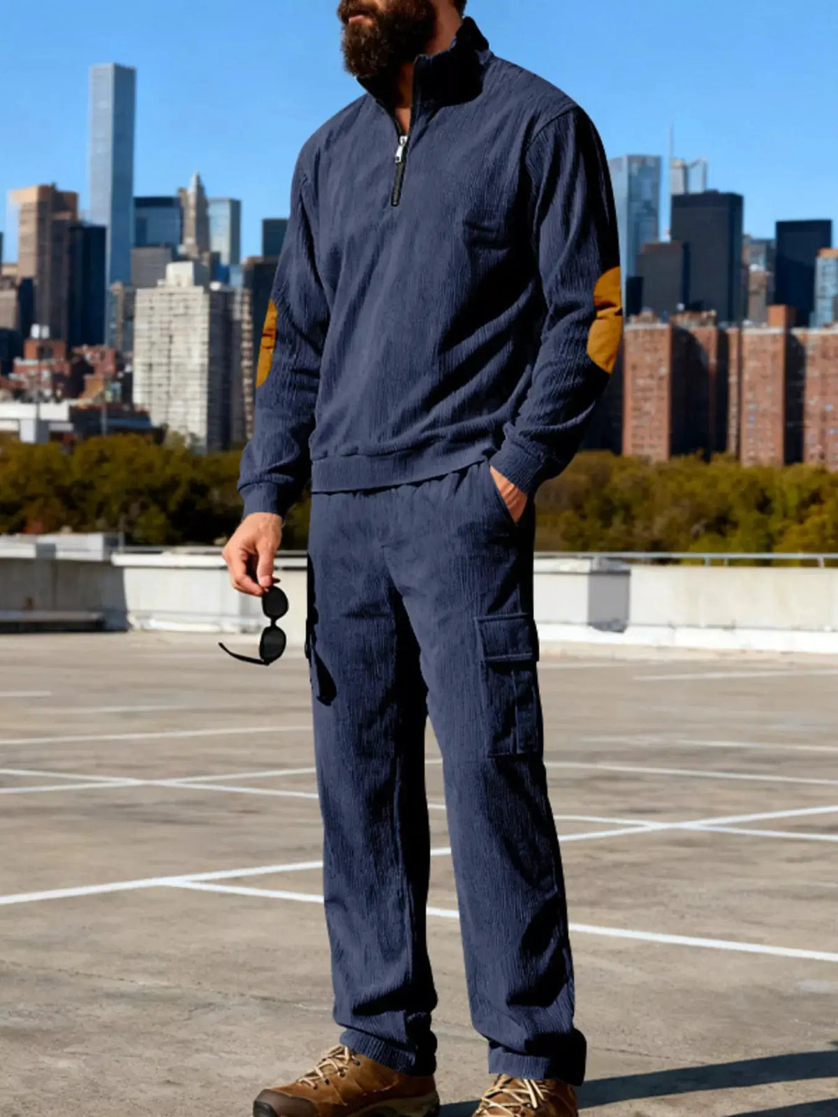 Mens casual matching long-sleeve top and pants set in navy blue with orange elbow patches, plus size, Trendsi