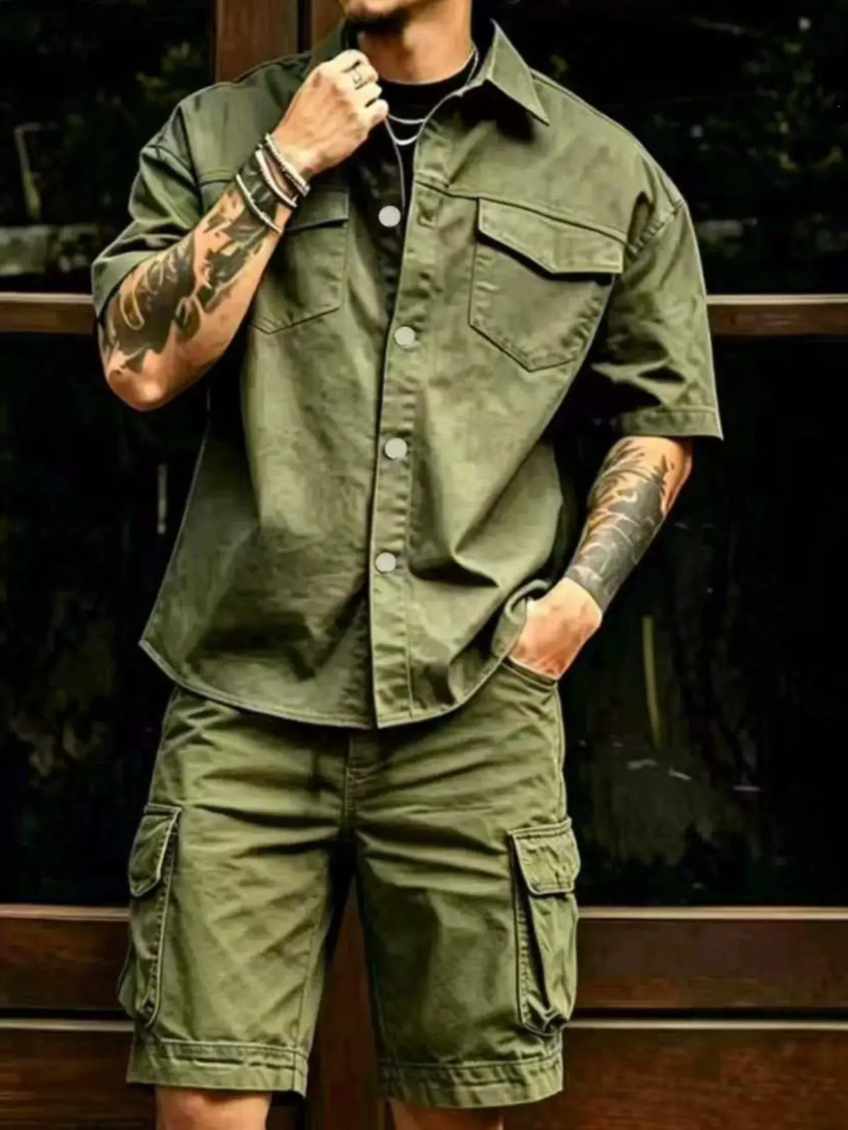 Trendsi men's plus-size cargo shirt and shorts set in olive green with button-front closure and pockets (2-piece)