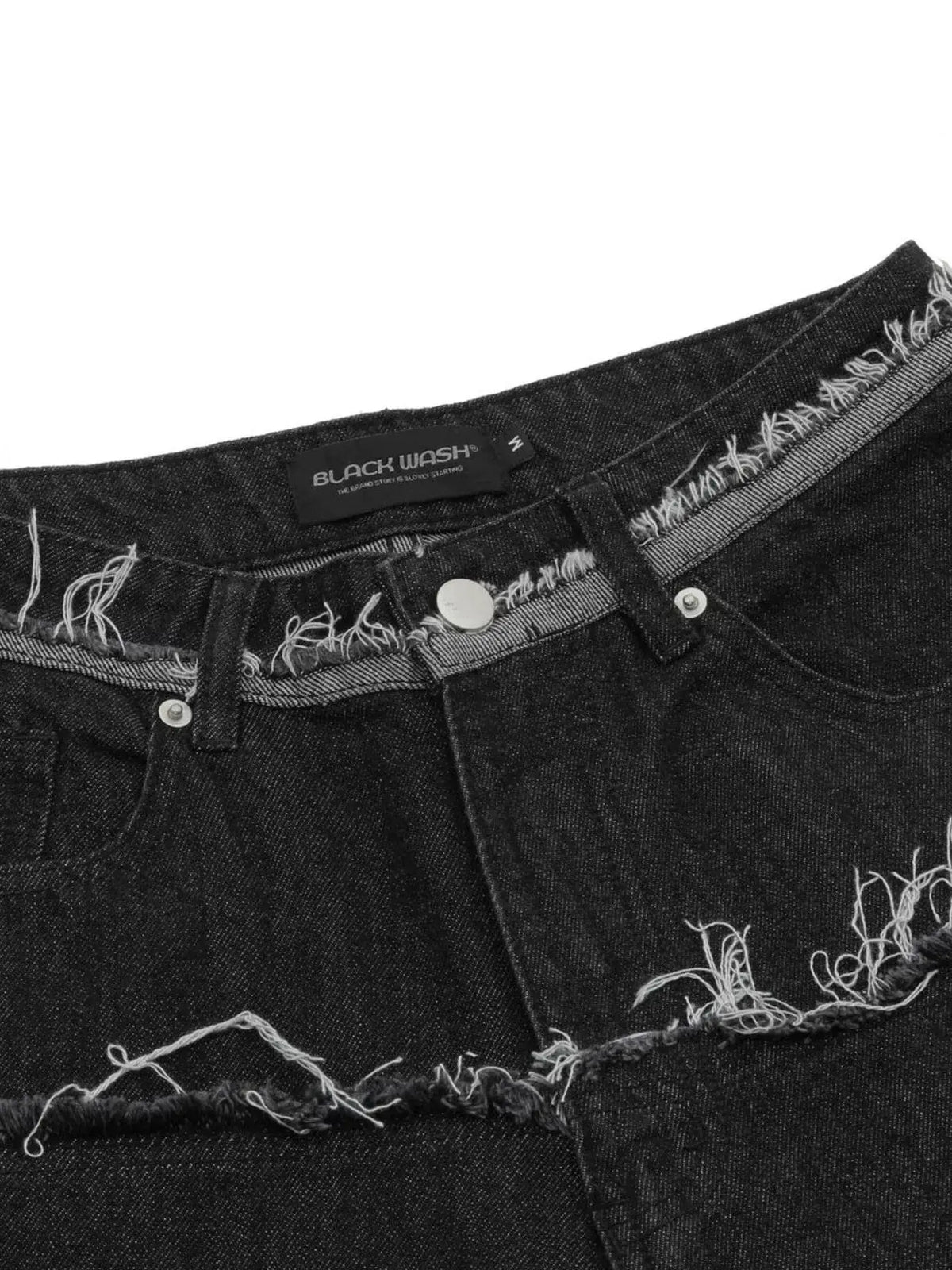 Men's denim shorts with raw frayed hem and contrast cuffs in black wash denim