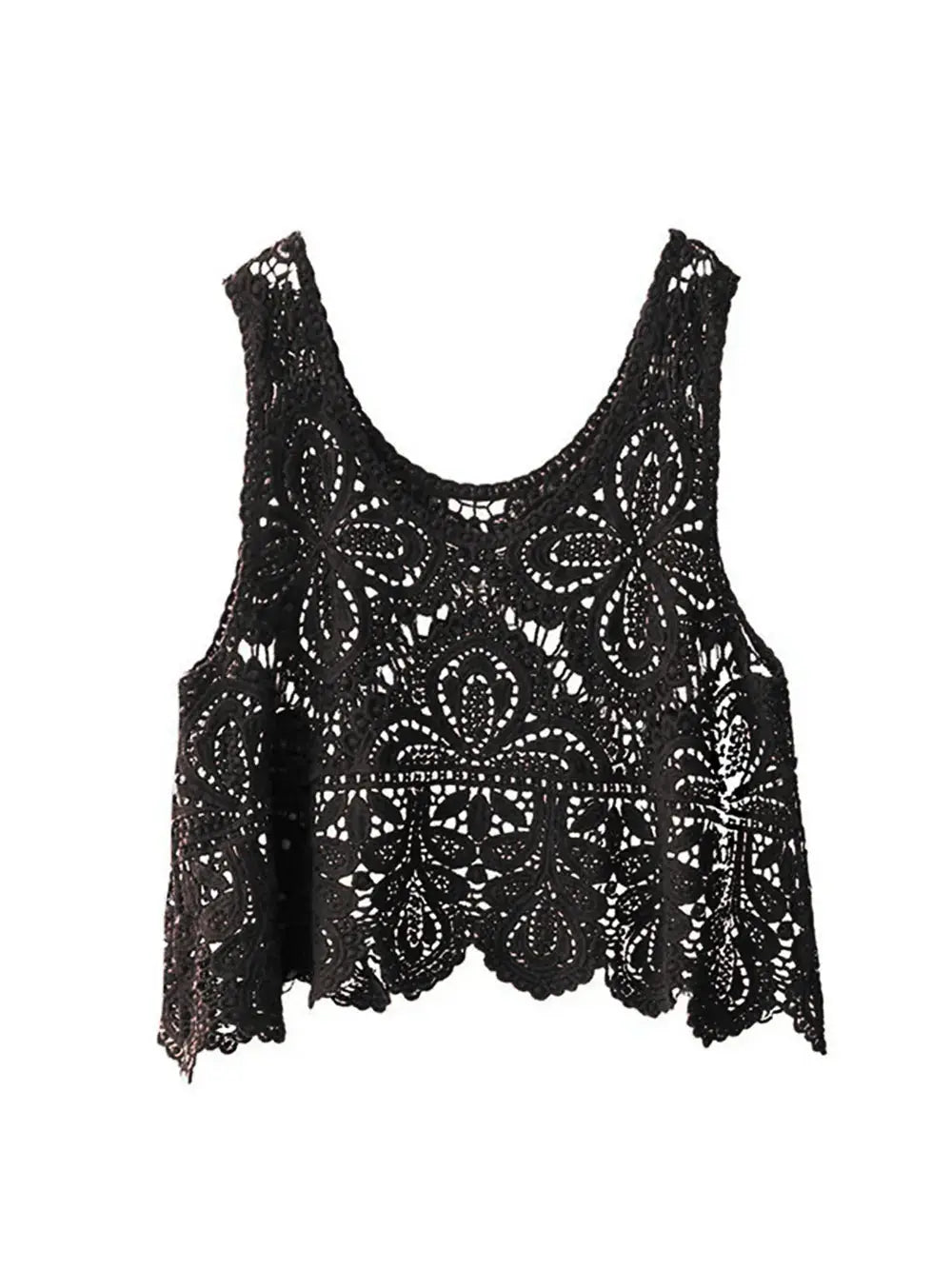 Cover-up: lightweight black cotton crochet lace, sleeveless scoop neck.