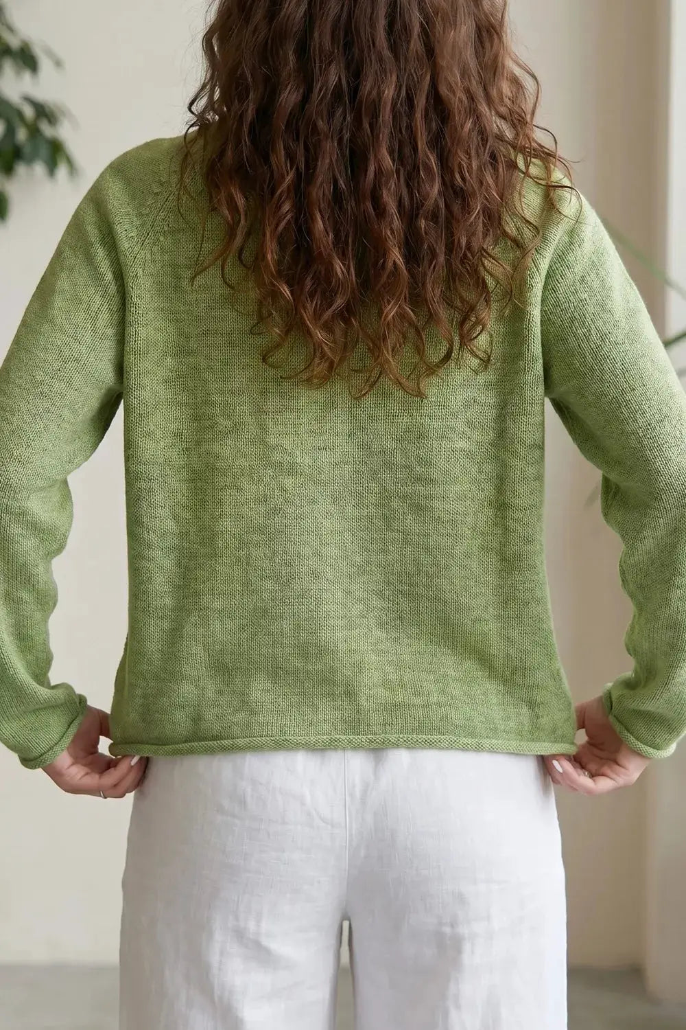 Fish Graphic Round Neck Sweater green knit pullover, back view