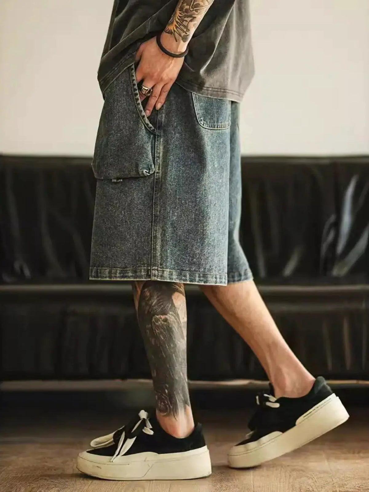 Men's Washed Relaxed Fit Cotton Stretch Denim Shorts, dark-washed denim with large cargo pocket, knee-length