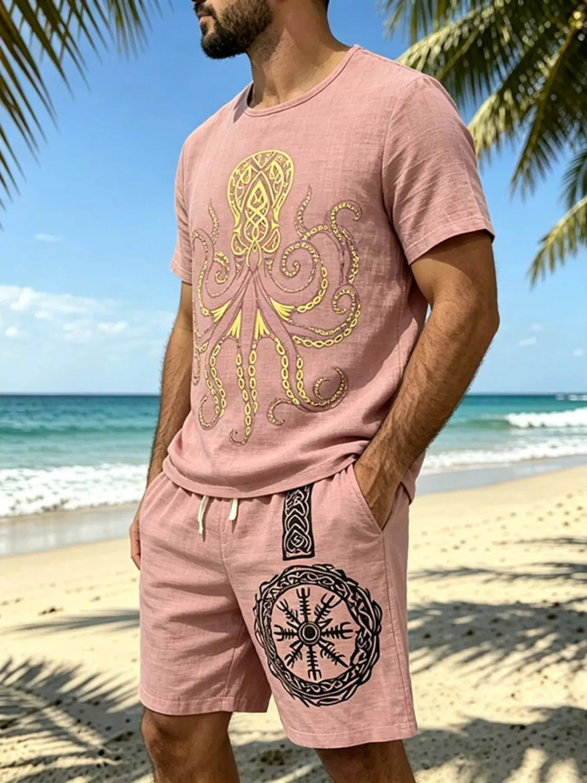 Men's two-piece pink loungewear set with gold octopus graphic tee and drawstring shorts