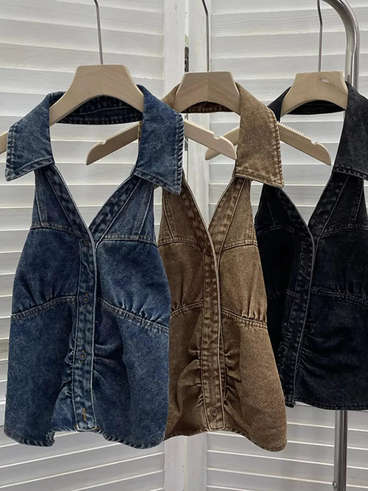 Premium Textured Smocked Denim Halter Tops in blue, tan, and black on hangers (3-pack)