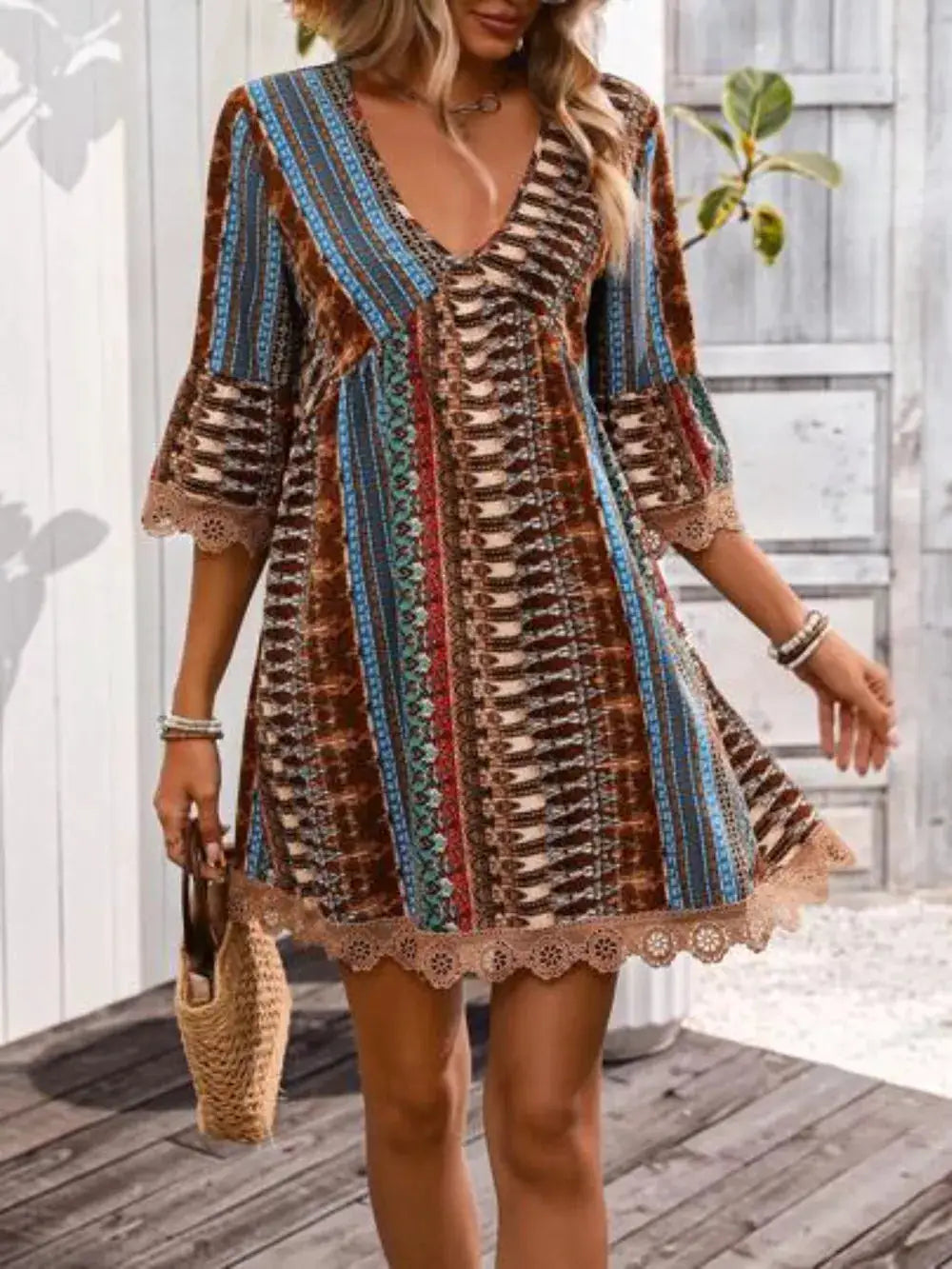 Lace-trim printed V-neck 3/4 sleeve dress in brown and blue geometric pattern