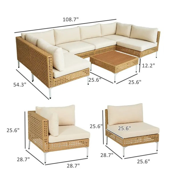 Patio furniture set (4-piece) by AdTec; beige cushioned wicker sectional with lounge chair, chaise and coffee table