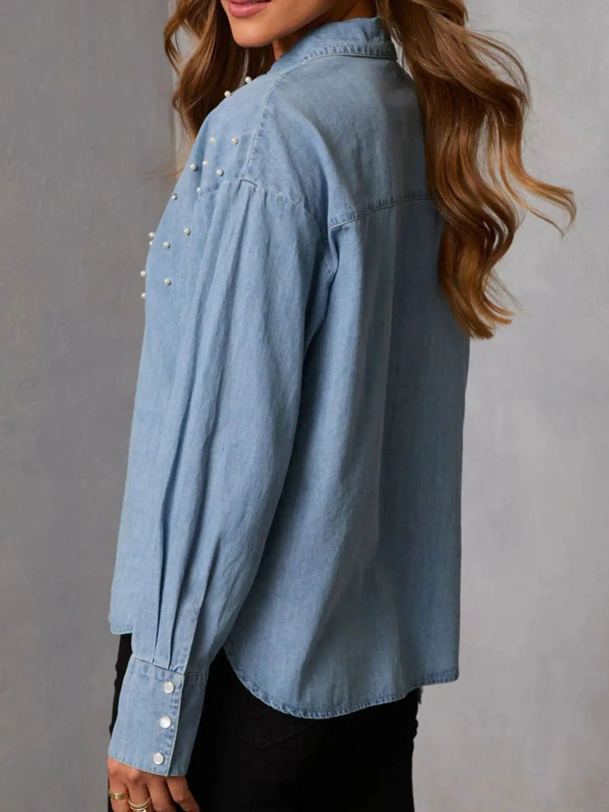 Pearl-embellished button-up denim shirt by Trendsi, light wash, soft comfort fit