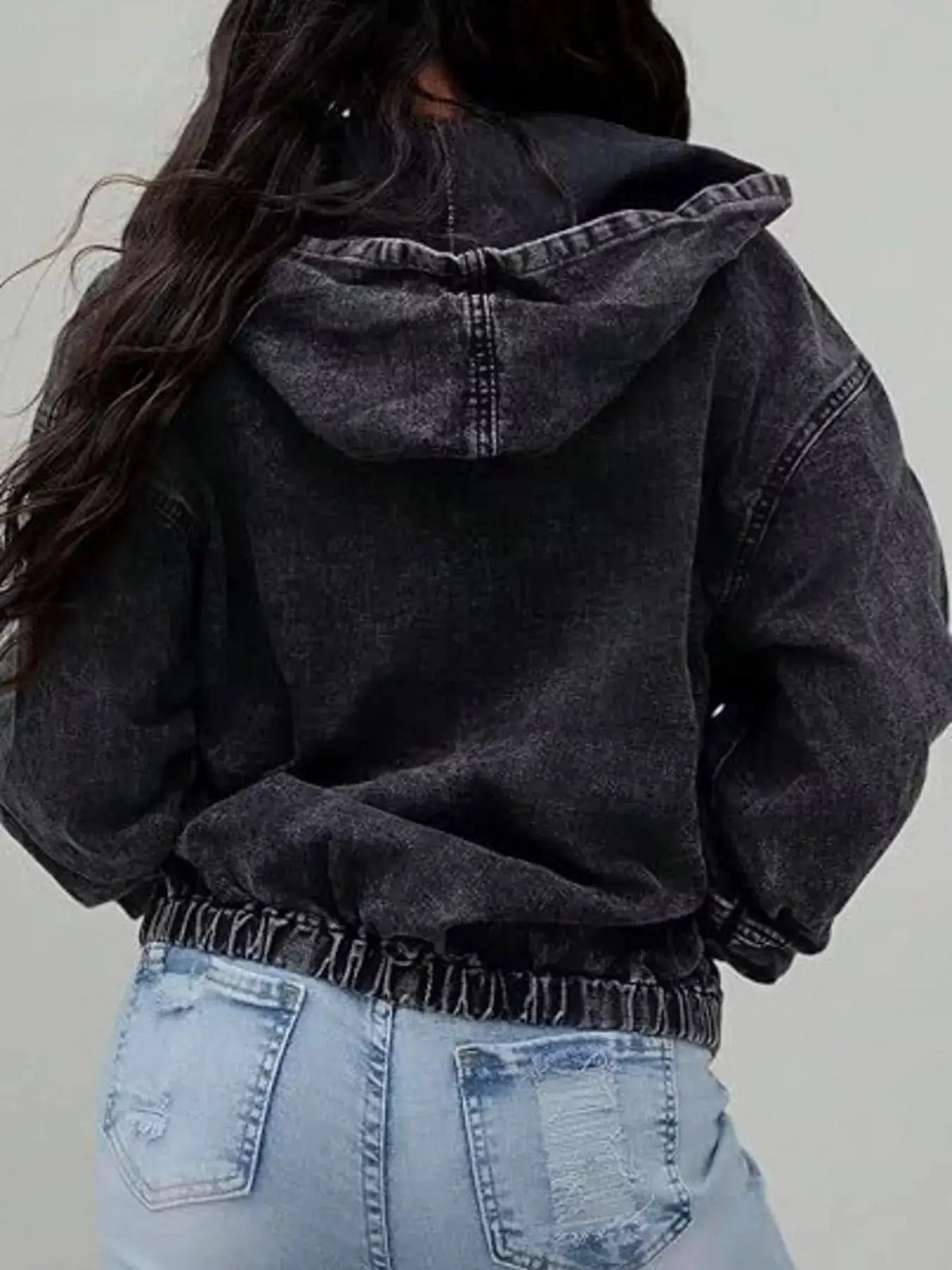 Premium vintage washed denim zip-up hooded oversized jacket, dark wash
