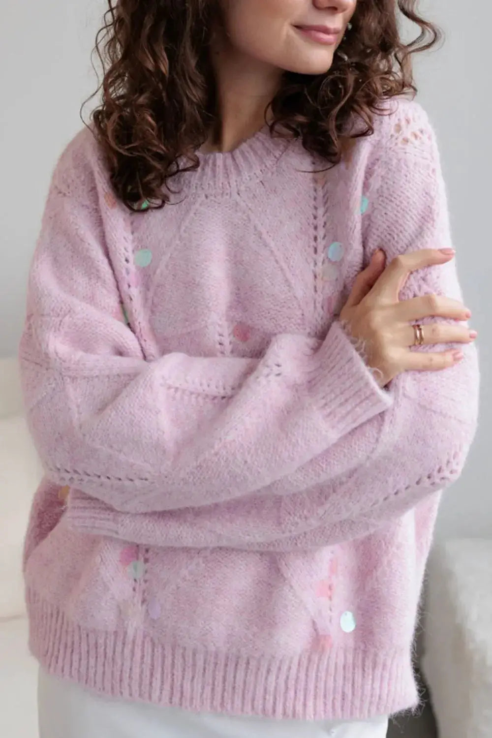 Shimmering sequin round-neck long-sleeve pink fuzzy knit sweater