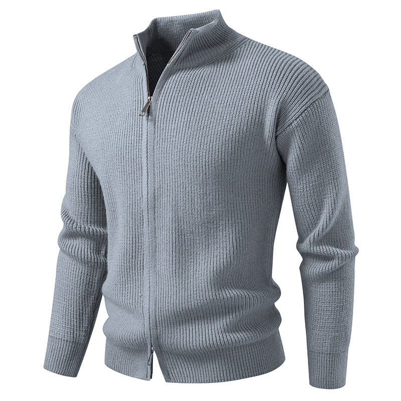 Men's zipper cardigan sweater coat in light gray knit with stand collar and full zip