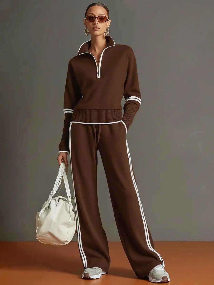 Women Active Cotton Long Sleeve Two-Piece Set in brown with white piping; zip-neck top and wide-leg pants.