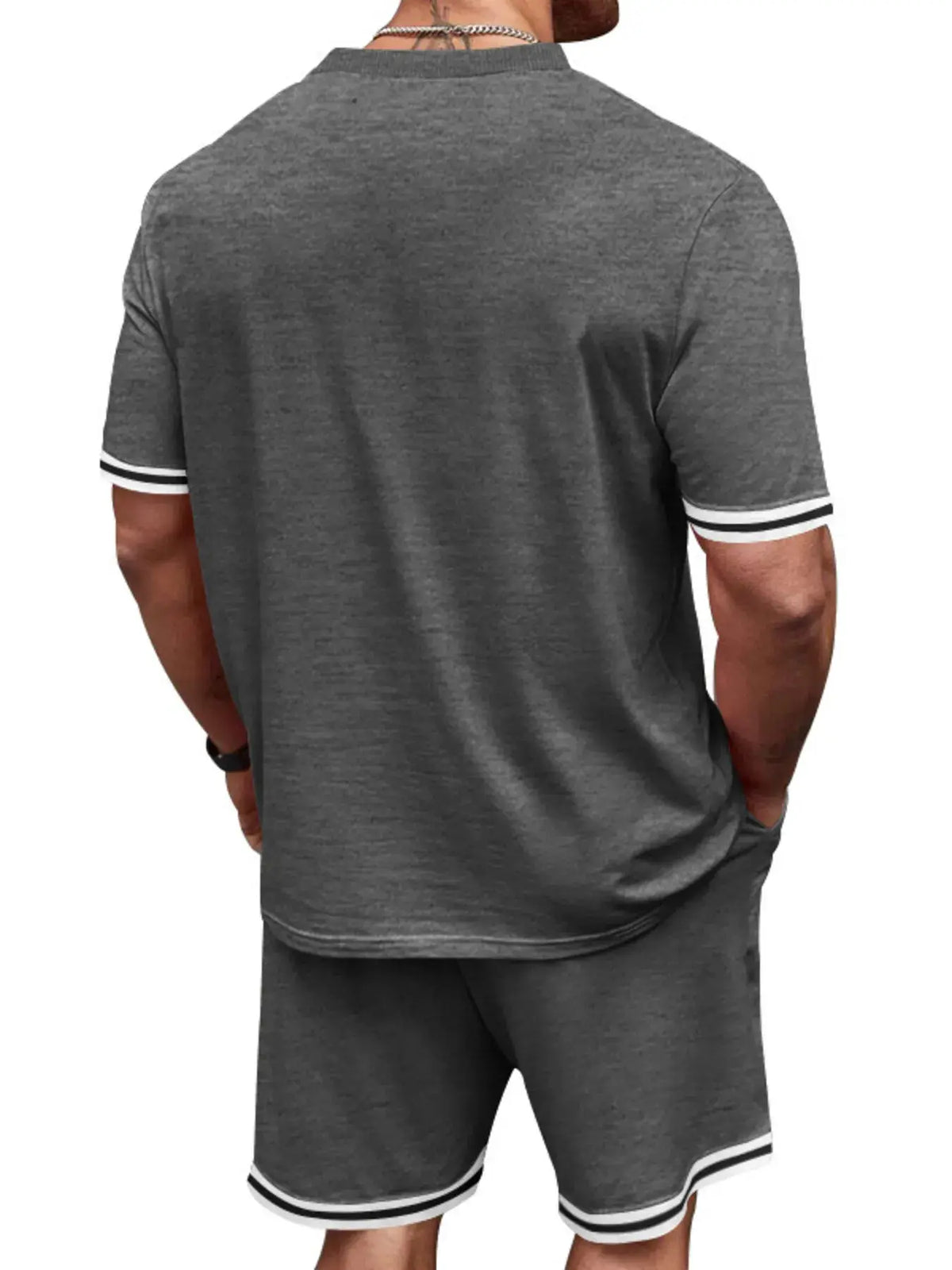 Men's gray two-piece set: short-sleeve tee with striped cuffs and matching shorts, Trendsi