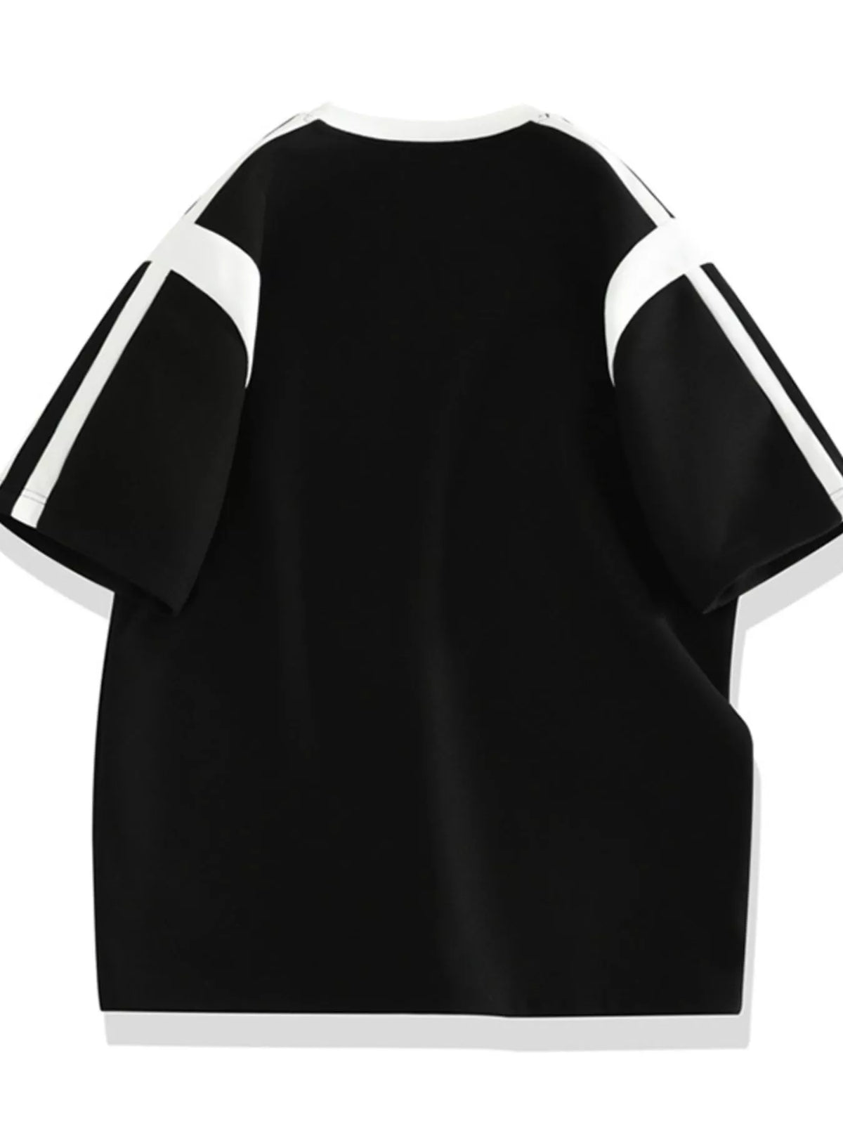 Men's plus-size contrast round-neck top; black with white striped sleeves.