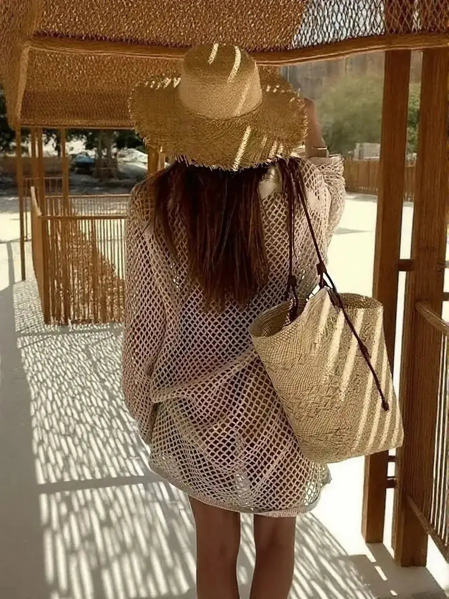 Openwork long-sleeve knit cover-up dress in ivory cream with airy weave
