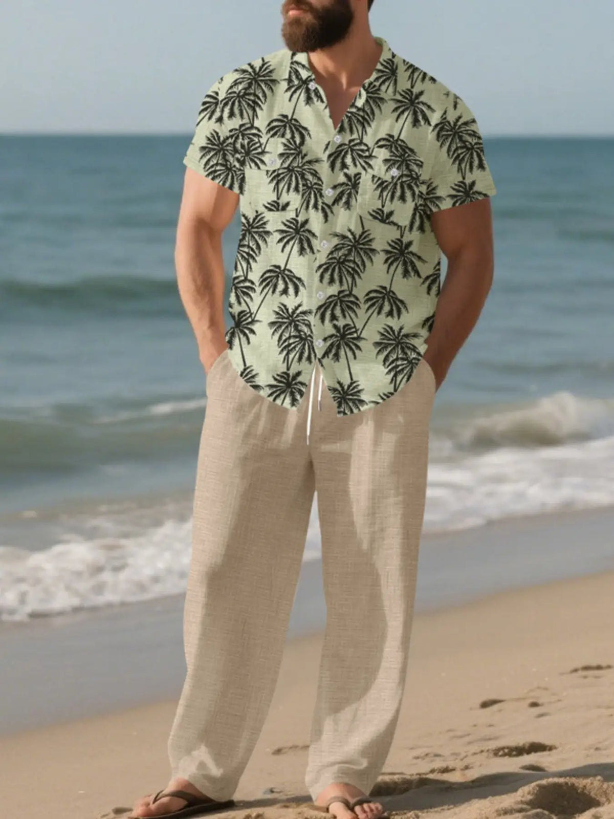 Men's plus-size tropical palm print button-up shirt and pants two-piece set, beige linen pants, by Trendsi
