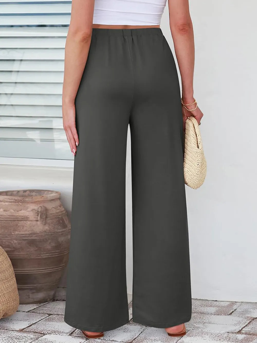 Elastic Waist Wide Leg Pants by Trendsi in charcoal gray palazzo style