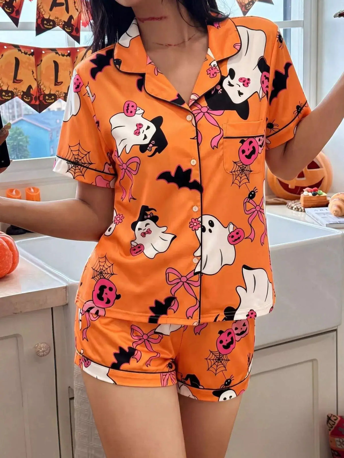 Trendsi orange Halloween ghost print button-down top and shorts lounge set