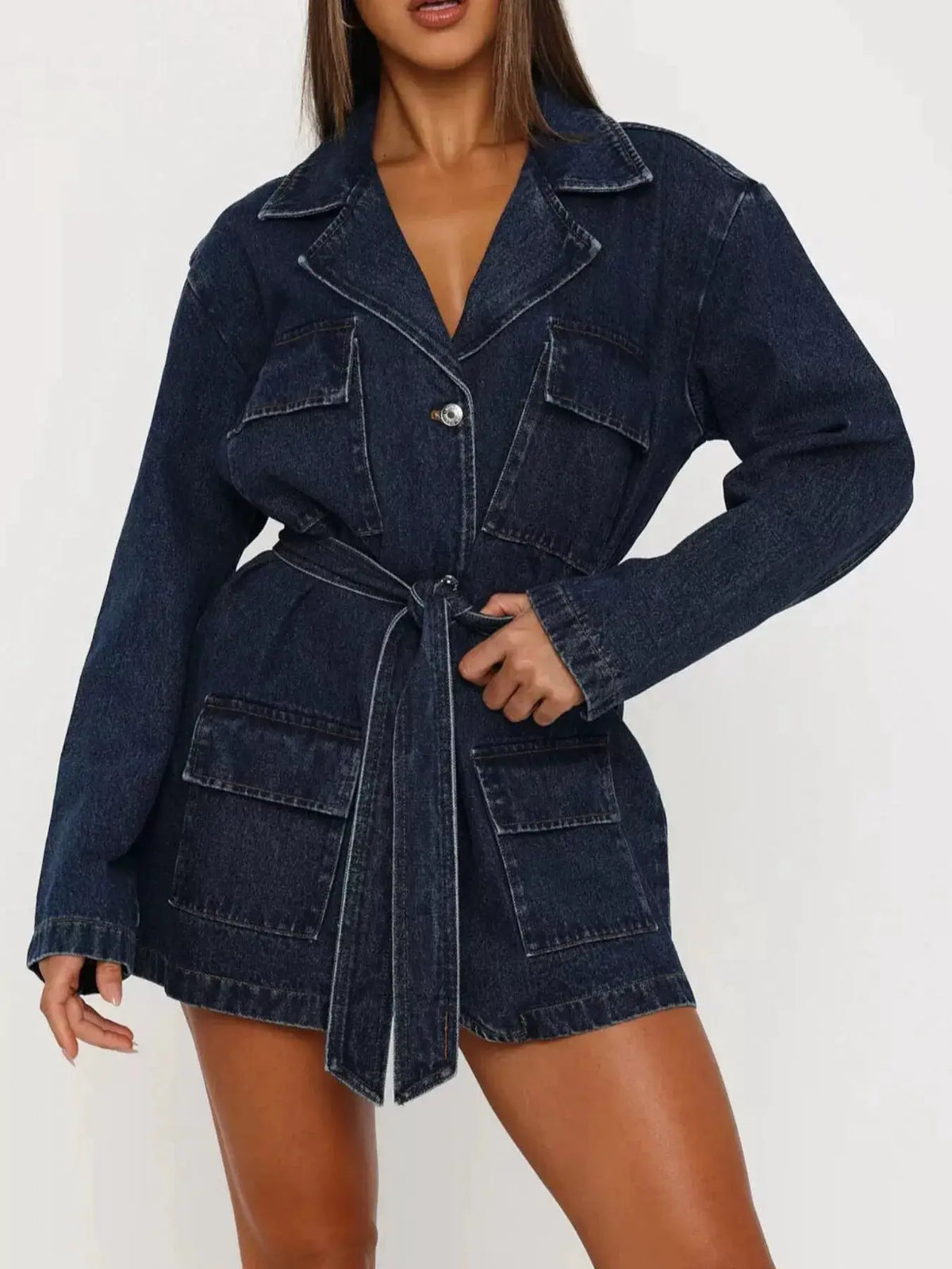 Longline washed denim jacket with matching belt, dark indigo cotton blend outerwear by Trendsi