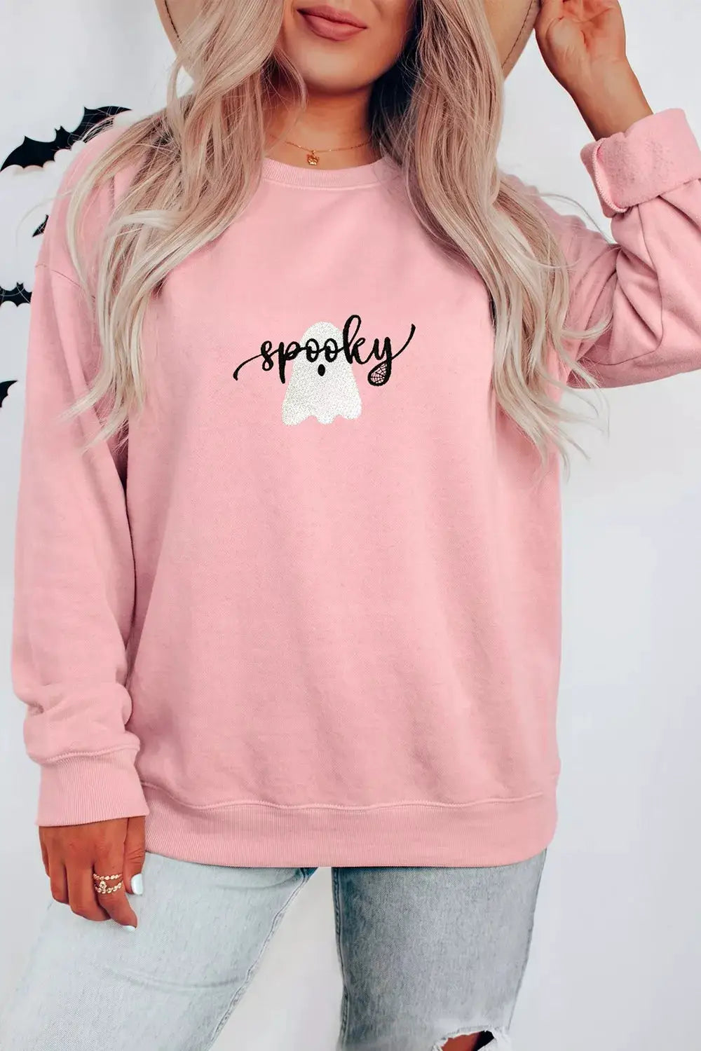 Halloween Ghost Graphic pink round-neck sweatshirt with white ghost and black spooky script