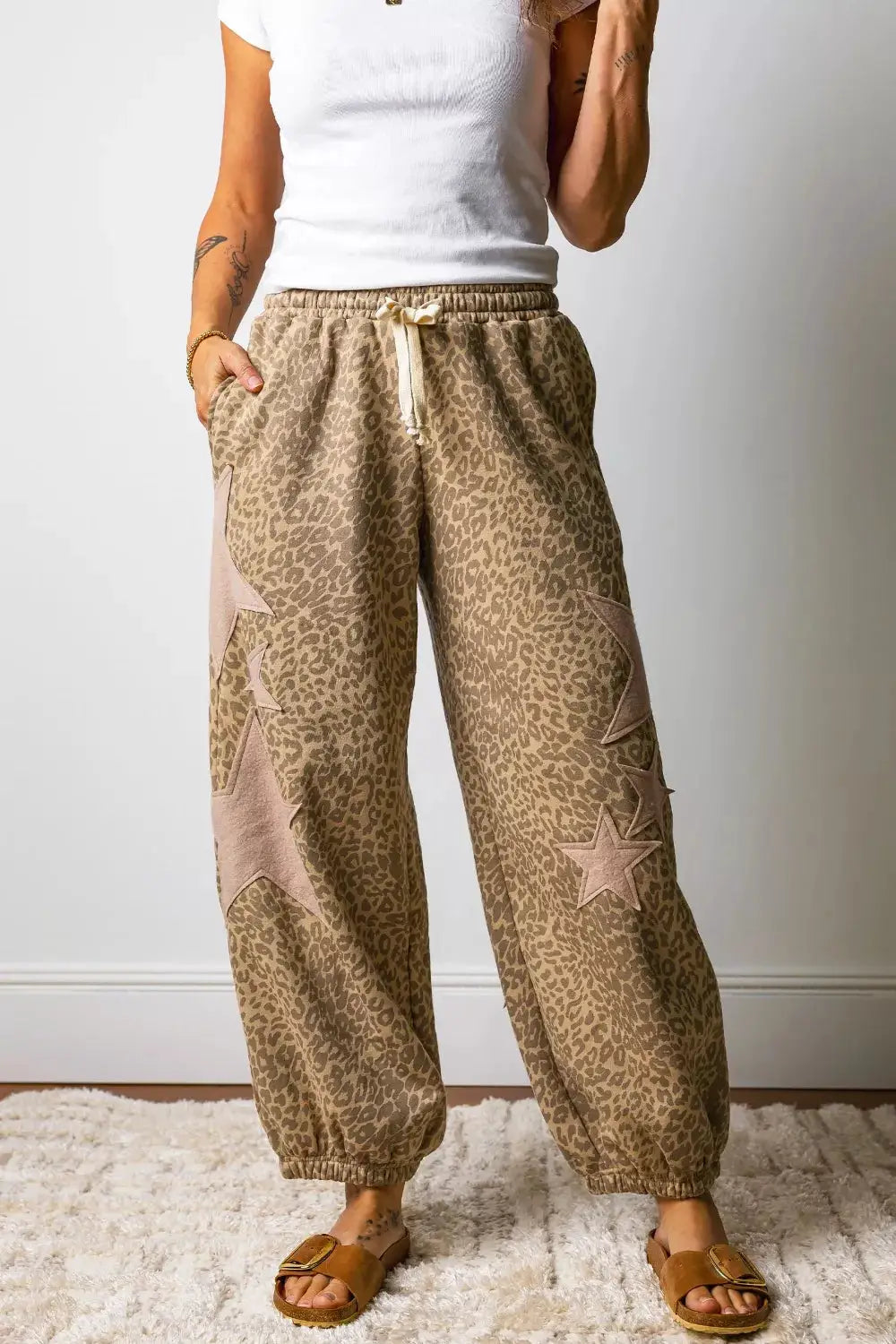 Leopard Star Patch Loose Pants by Trendsi, beige leopard print with pink star patches and a drawstring waist