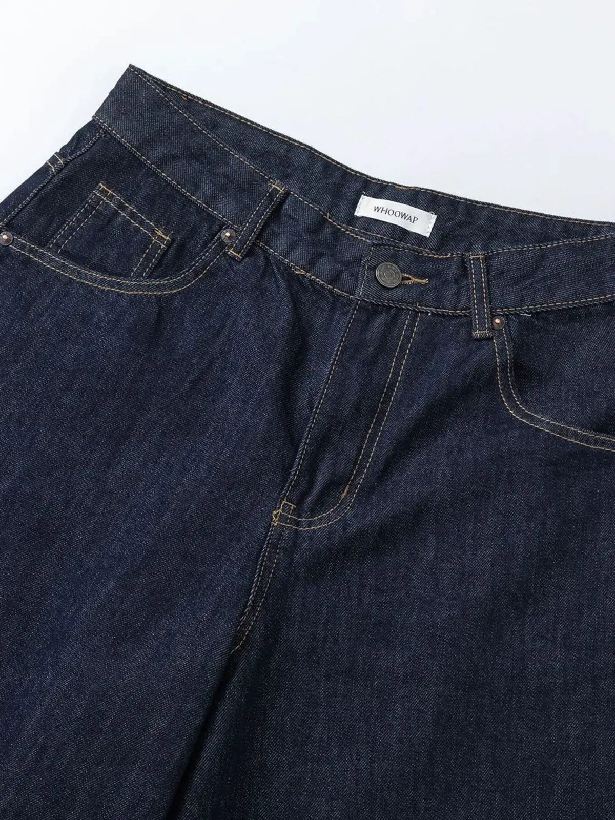 Men's wide-leg denim shorts, dark indigo pure cotton with contrast stitching, Whoowap brand label.