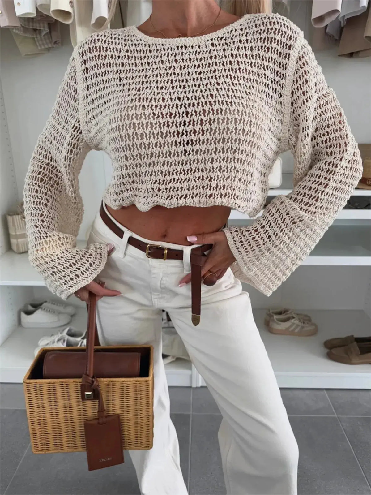 Lightweight Breezy Openwork Knit Bikini Cover-Up Top by Trendsi, cream cropped long-sleeve