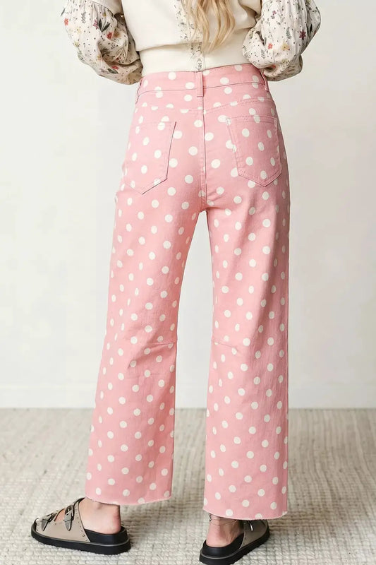 Trendsi pink polka-dot high-waisted wide-leg jeans with back pockets