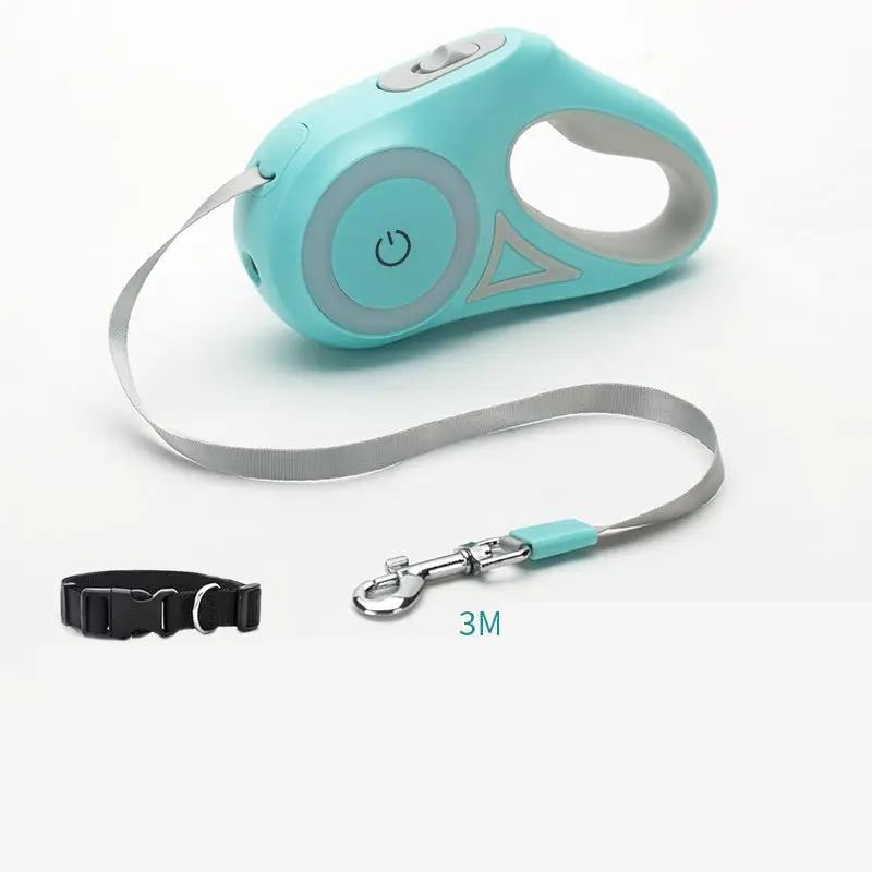 AdTec turquoise retractable dog leash with grey cord and metal clip; black collar, 2-item set.