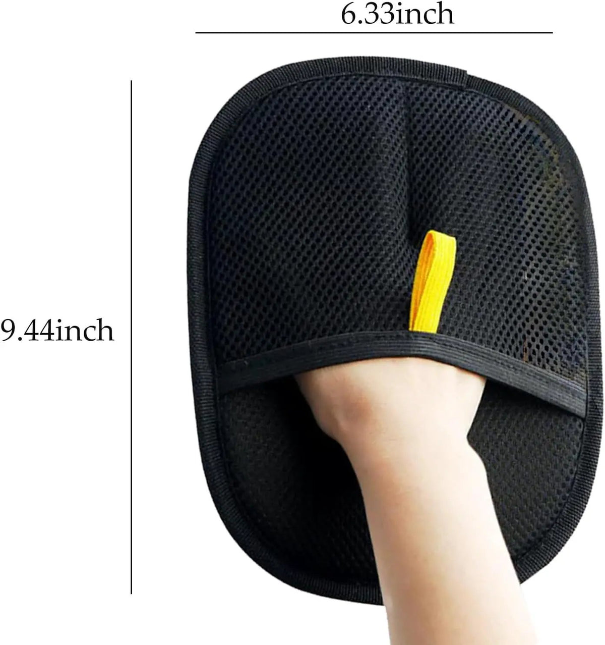 Pet electrostatic hair removal glove by AdTec, black mesh with yellow tab.