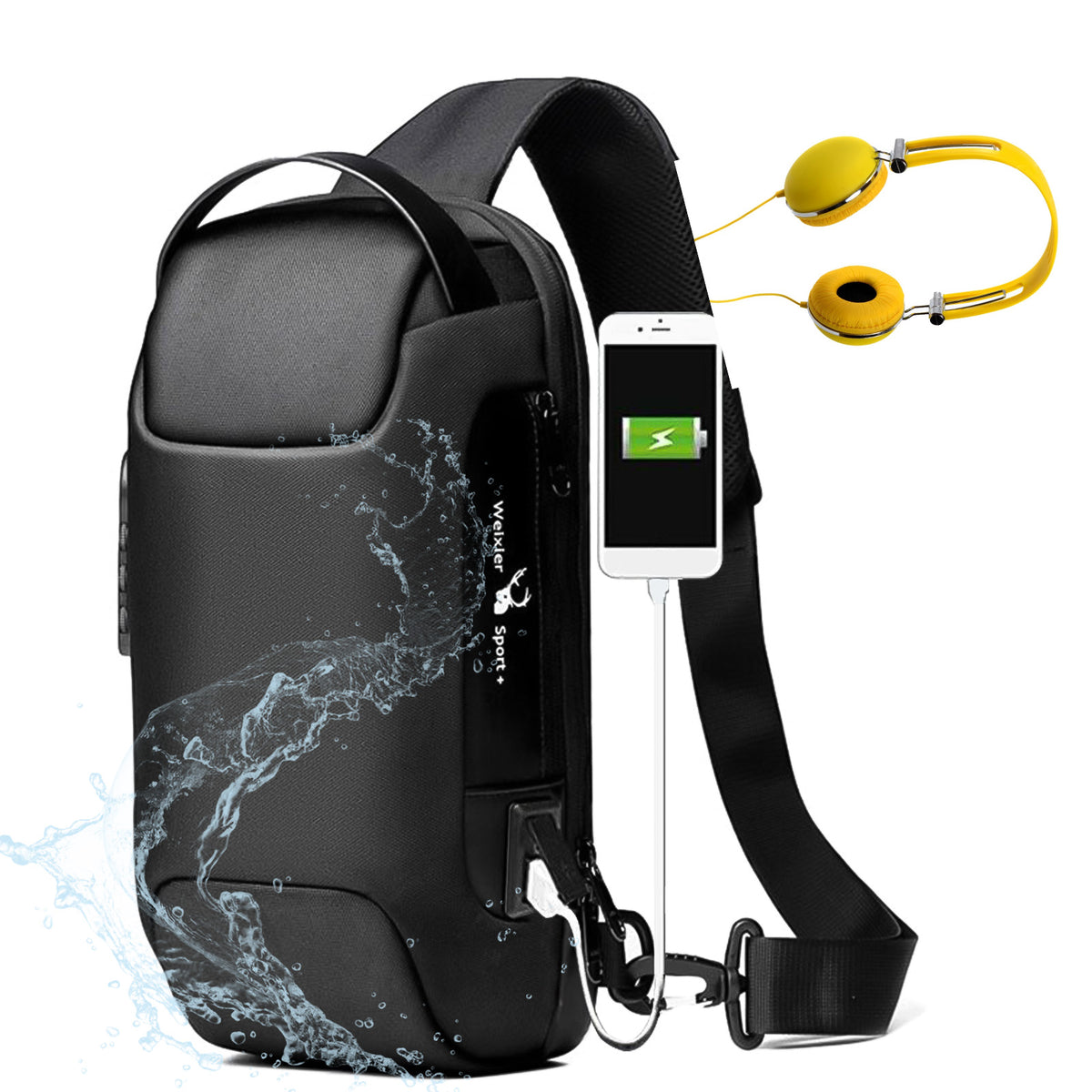 AdTec Anti Theft Oxford Chest Bag with padded laptop sleeve; black, zip pockets; includes phone and yellow headphones.