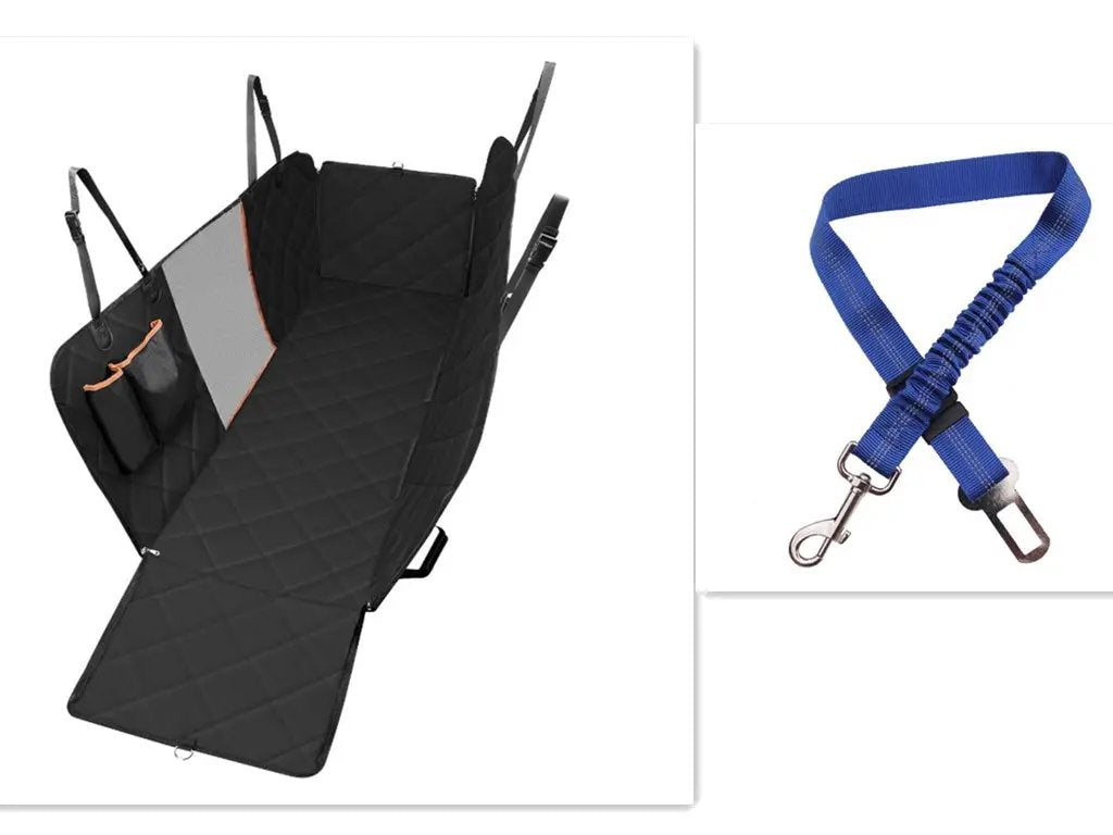 AdTec dog car seat cover hammock back seat protector, black quilted mat with pockets, plus blue leash