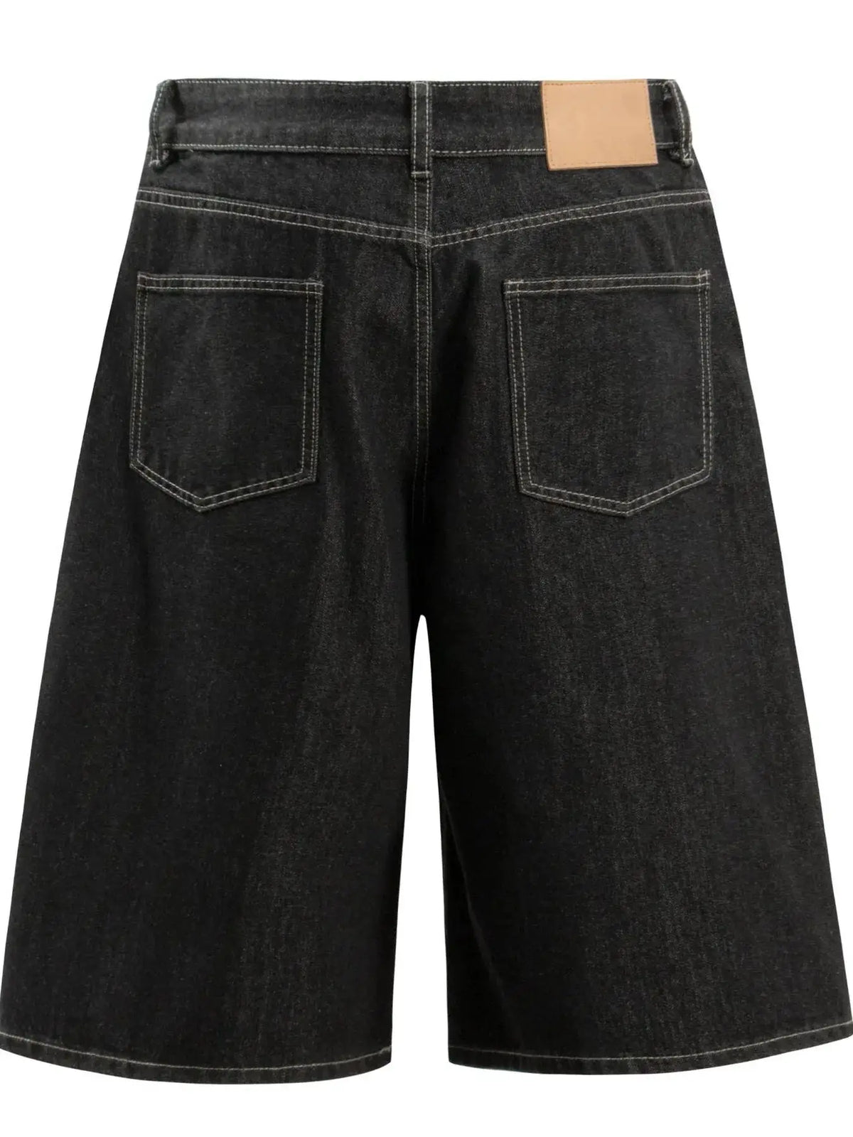 Men's wide-leg denim shorts in dark wash with back pockets and tan leather patch by Trendsi