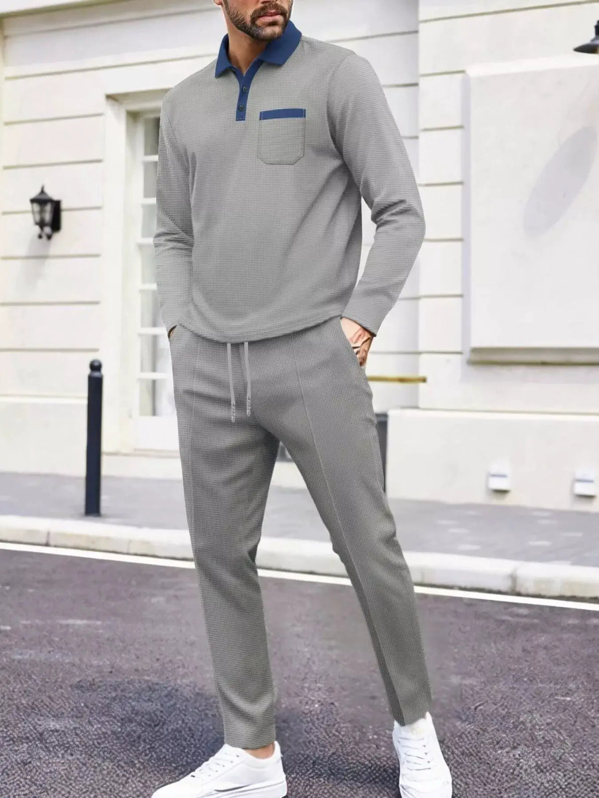 Mens plus-size long sleeve two-piece set by Trendsi in grey stretch fabric with chest pocket and drawstring pants