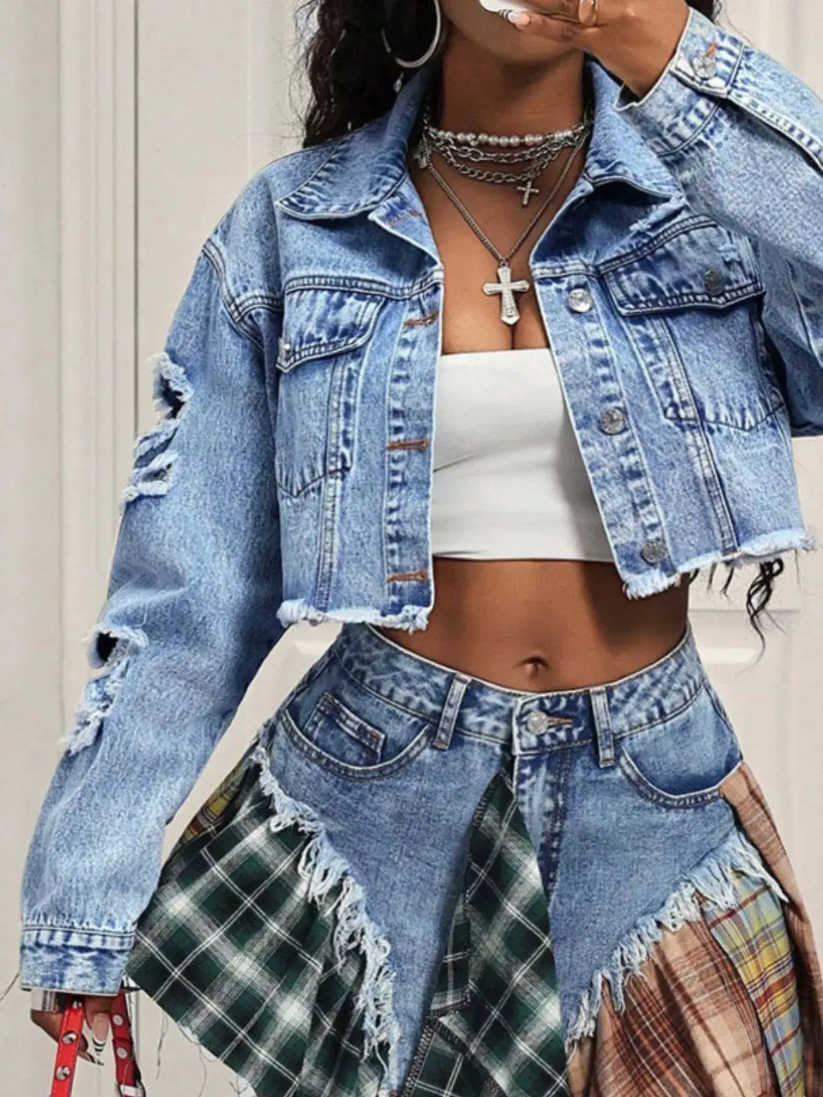 Trendsi distressed cropped denim jacket with frayed hems and front pockets in blue