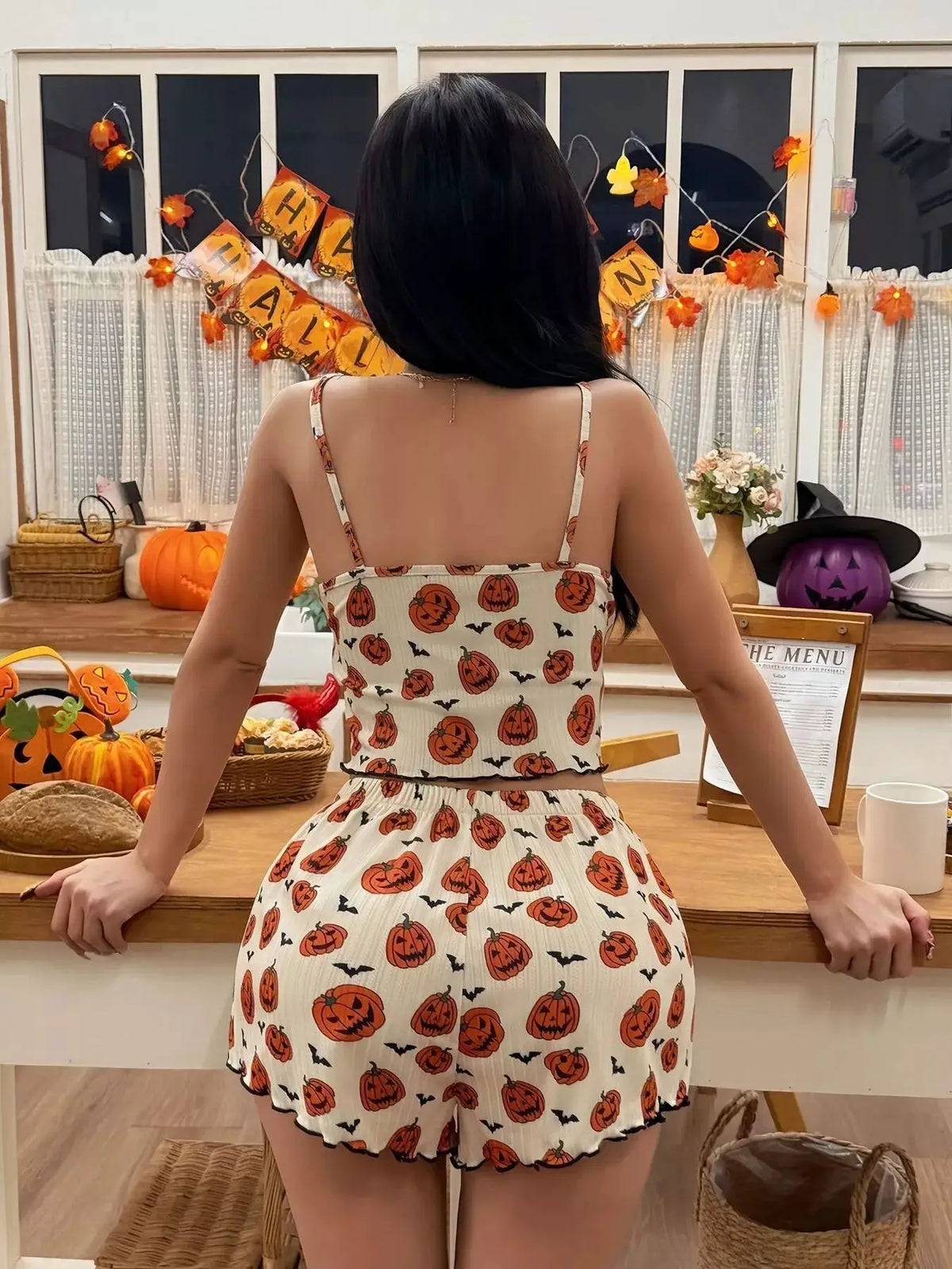 Halloween Pumpkin Print Cami and Shorts Lounge Set; white fabric with orange pumpkins, Trendsi.