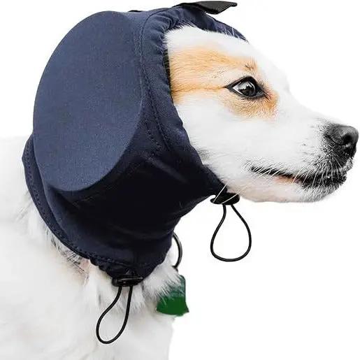 AdTec dog earmuffs for thunder and fireworks hearing protection; navy color with adjustable cords.